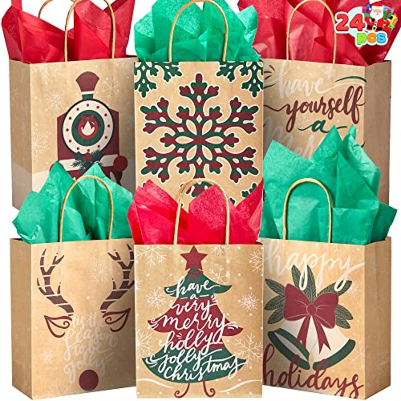 JOYIN 24 PCS Christmas Kraft Bags, Paper Gift Bags with Christmas